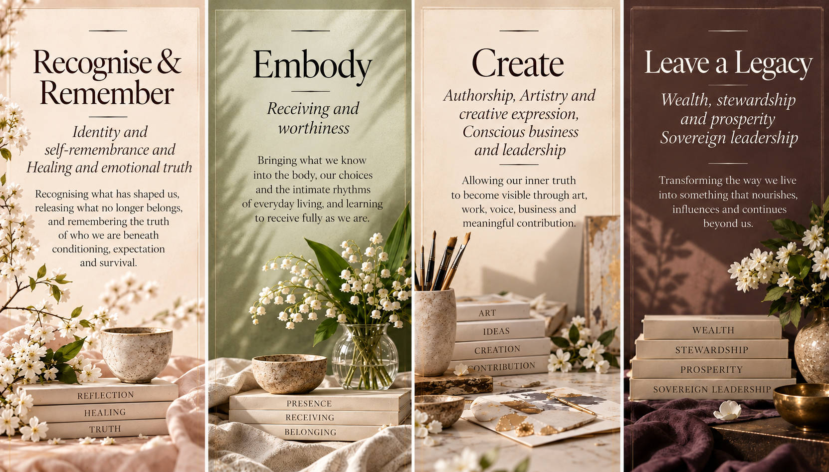 Four editorial pillars: Recognise and Remember, Embody, Create, and Leave a Legacy