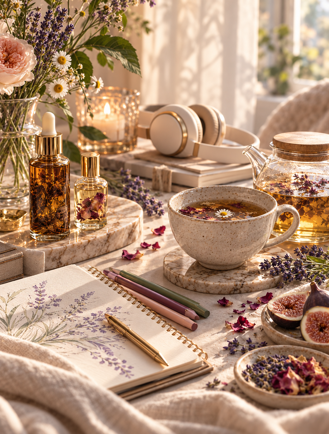 Lavender tea, botanical oils, journal and headphones arranged in a sunlit spring sanctuary